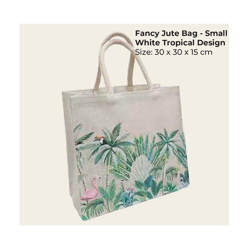 Small White Tropical Design - Fancy Jute Bag